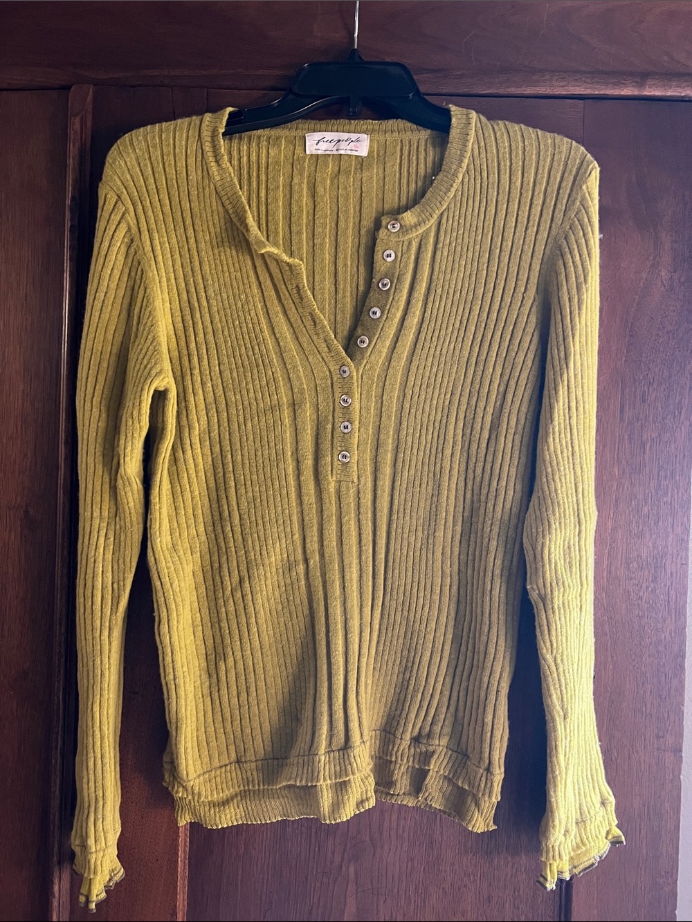 Free People Mustard Ribbed Henley Sweater